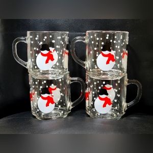 Vintage Luminarc Snowman Glass Coffee Mugs Set of 4 Clear Christmas Holiday Cups